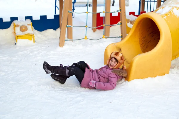 Girl Just Came Tube Childrens Play Area Winter — Stock Photo, Image