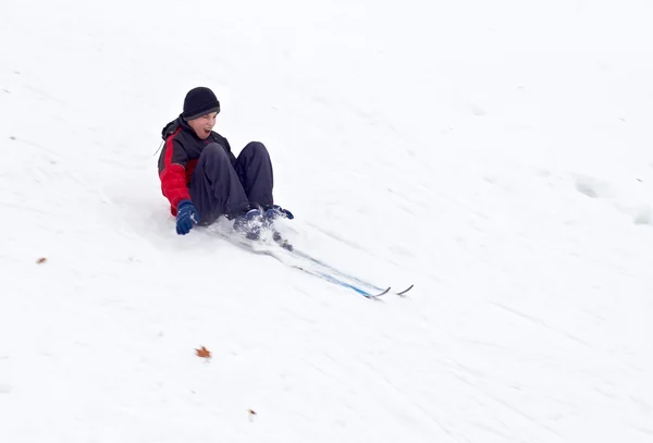 Cruze Esquiador País Descendo Colina Sentado — Fotografia de Stock
