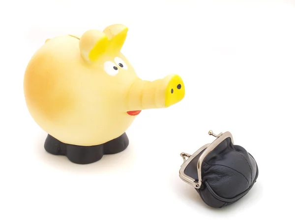 Piggy piggy bank with a black purse — Stock Photo, Image