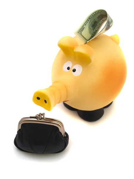 Piggy piggy bank with a black purse — Stock Photo, Image