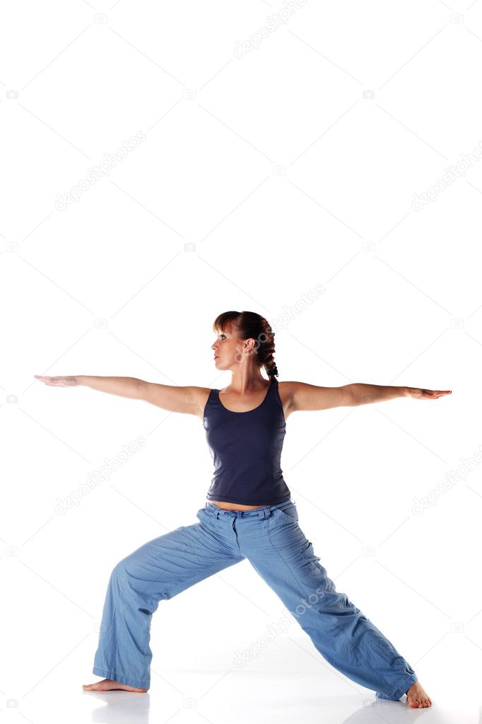 Caucasian girl doing yoga poses isolated on white background.