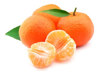 Tangerines with leaves on white background clipart