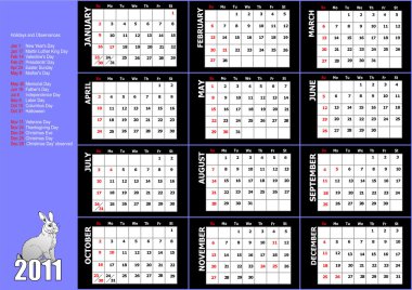 2011 calendar with American holidays clipart