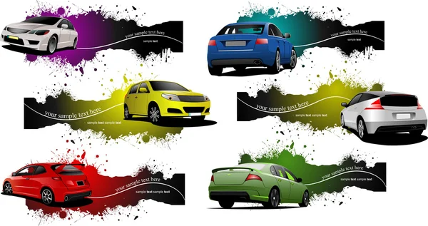 六 grunge 横幅用的汽车。矢量插画 — 图库矢量图片
