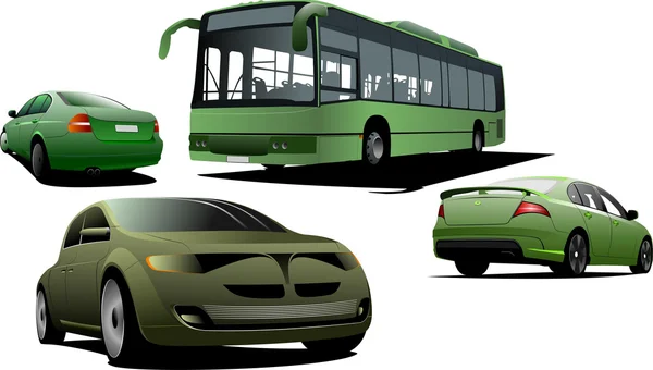 Quatre voitures vertes et bus vert de la ville. Illustration vectorielle — Image vectorielle