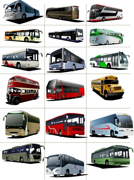 Achtzehn Stadt- und Touristenbusse. Vektorillustration — Stockvektor