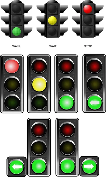 Набор светофоров. Красный сигнал. Желтый сигнал. Зеленый сигнал — стоковый вектор