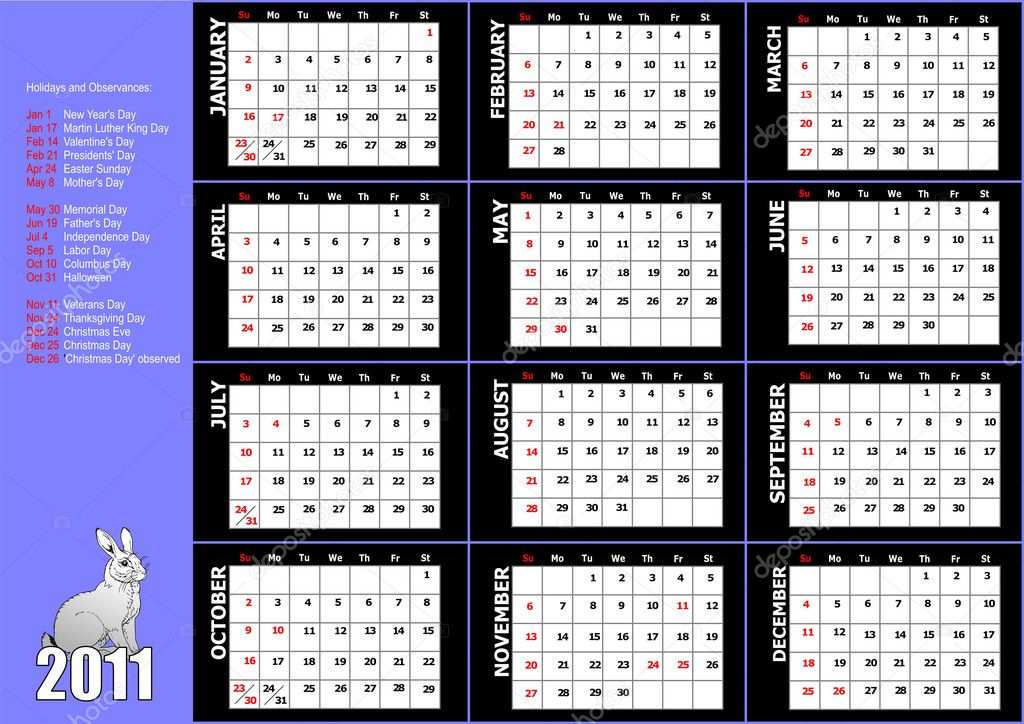 2011 calendar with American holidays
