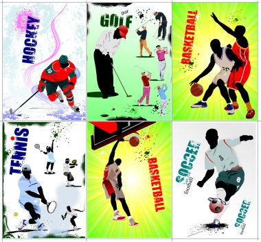 Six sport posters. Football, Ice hockey, tennis, soccer, basketb clipart