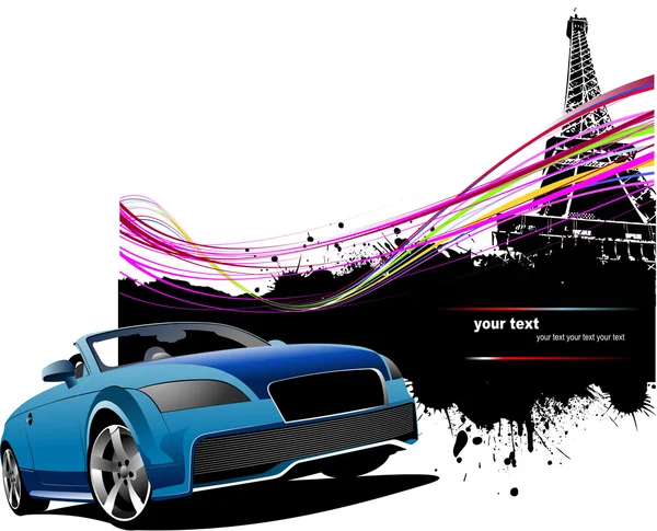 Blue cabriolet car with Paris image background. Vector illustra — Stock Vector