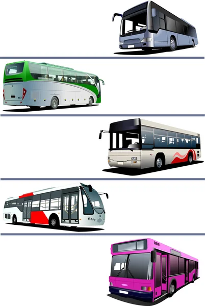 Pět městských autobusů. trenér. vektorové ilustrace — Stockový vektor