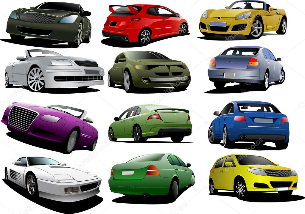 Set of 12 cars on the road. Vector illustration