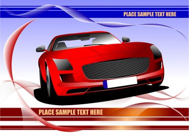 Abstract waved background with red car image. Colored vector fin clipart