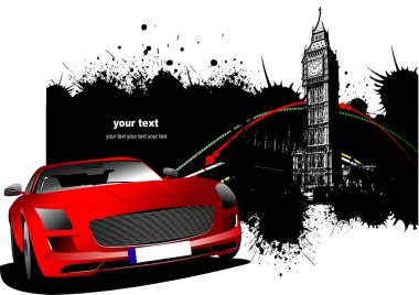Grunge London images with red car image. Vector illustration clipart