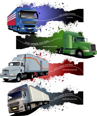 Four grunge Banners with colored trucks. Vector illustration clipart