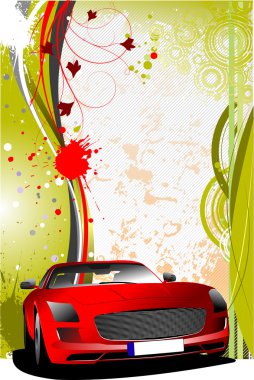 Green and red grunge background with red car. Vector clipart