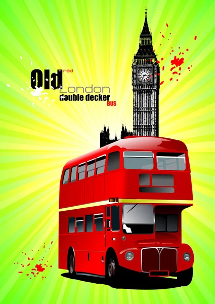 Poster with old London red double Decker bus. Vector illustrati — Stock Vector