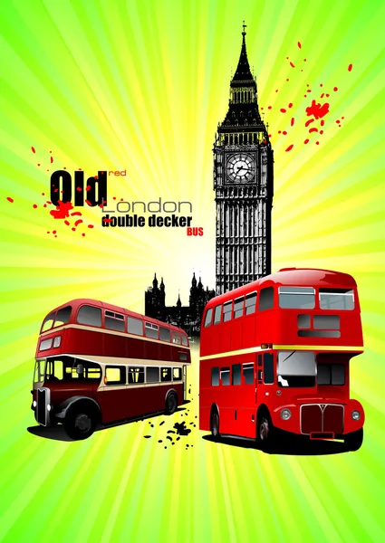 Cartaz com dois velhos autocarros London Red Double Decker. Vector illu — Vetor de Stock