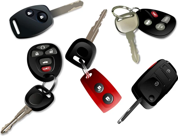 远程控制隔离在白色背景的五个汽车钥匙 — 图库矢量图片