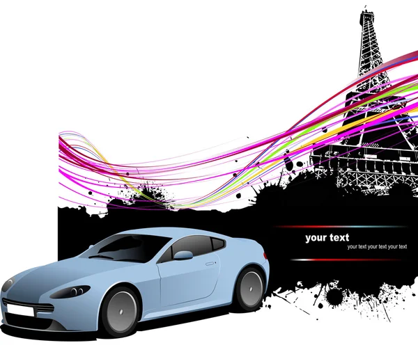 पेरिस छवि पृष्ठभूमि के साथ ब्लू सेडान कार। वेक्टर चित्र — स्टॉक वेक्टर