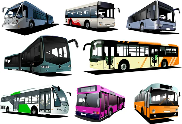 Oito Autocarros Cidade Treinador Ilustração Vetorial —  Vetores de Stock