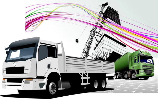 Dos camiones en la carretera. Ilustración vectorial coloreada — Vector de stock