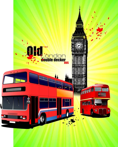 Cartaz com o velho autocarro duplo vermelho de Londres. Vector illustrati — Vetor de Stock