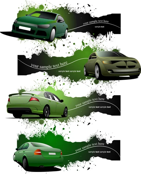 Cuatro Banners Grunge verdes con coches. Ilustración vectorial — Vector de stock