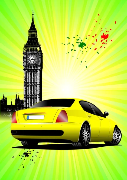 Cartaz de Londres com imagem de carro amarelo. Ilustração vetorial — Vetor de Stock