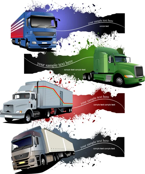Four grunge Banners with colored trucks. Vector illustration — Stock Vector