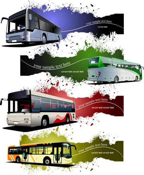 Cuatro Pancartas Grunge Con Autobuses Urbanos Ilustración Vectorial — Archivo Imágenes Vectoriales