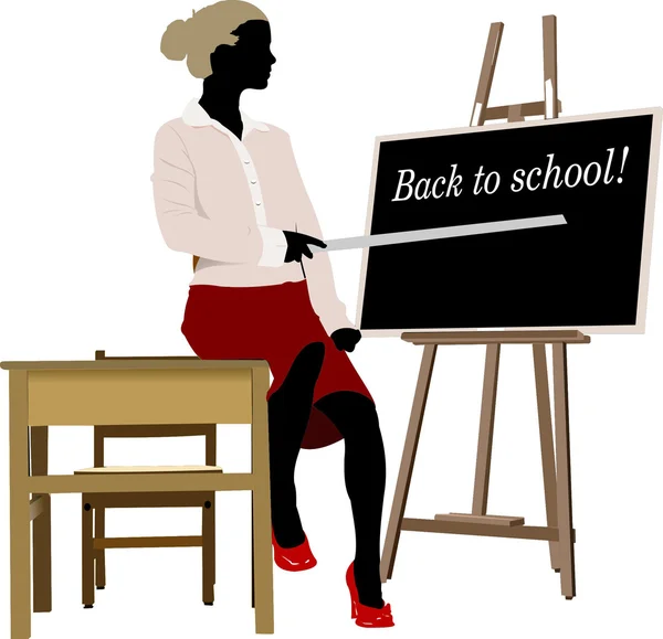 Sınıftaki kadın öğretmen. Okula dönelim. Vektör illüstrasyonu — Stok Vektör