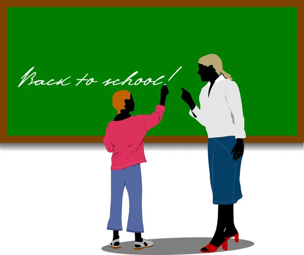 Sınıftaki Kadın Öğretmen Okula Dönelim Vektör Illüstrasyonu — Stok Vektör