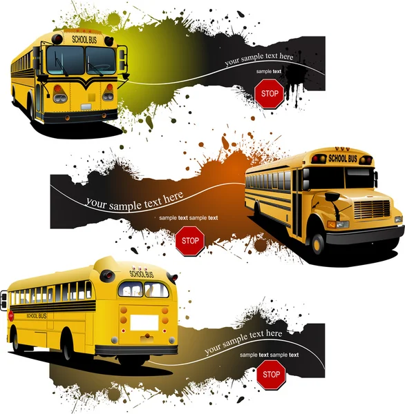 Tři Grunge Bannery Žlutým Školní Autobusy Vektorové Ilustrace — Stockový vektor