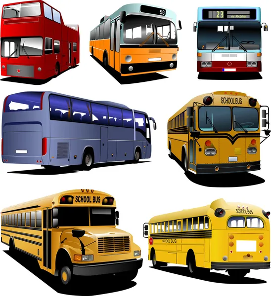 Siete Autobuses Urbanos Entrenador Autobús Escolar Ilustración Vectorial Para Diseñadores — Vector de stock