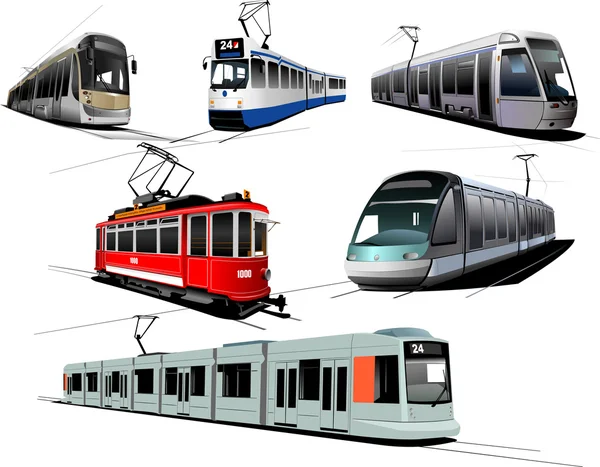 市内の交通機関 六つの路面電車 ベクトル イラスト — ストックベクタ