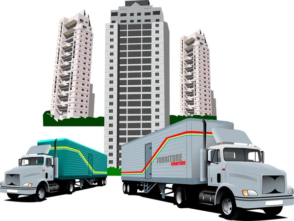 Νέος Κοιτώνας Και Δύο Φορτηγά Εικονογράφηση Διανύσματος — Διανυσματικό Αρχείο