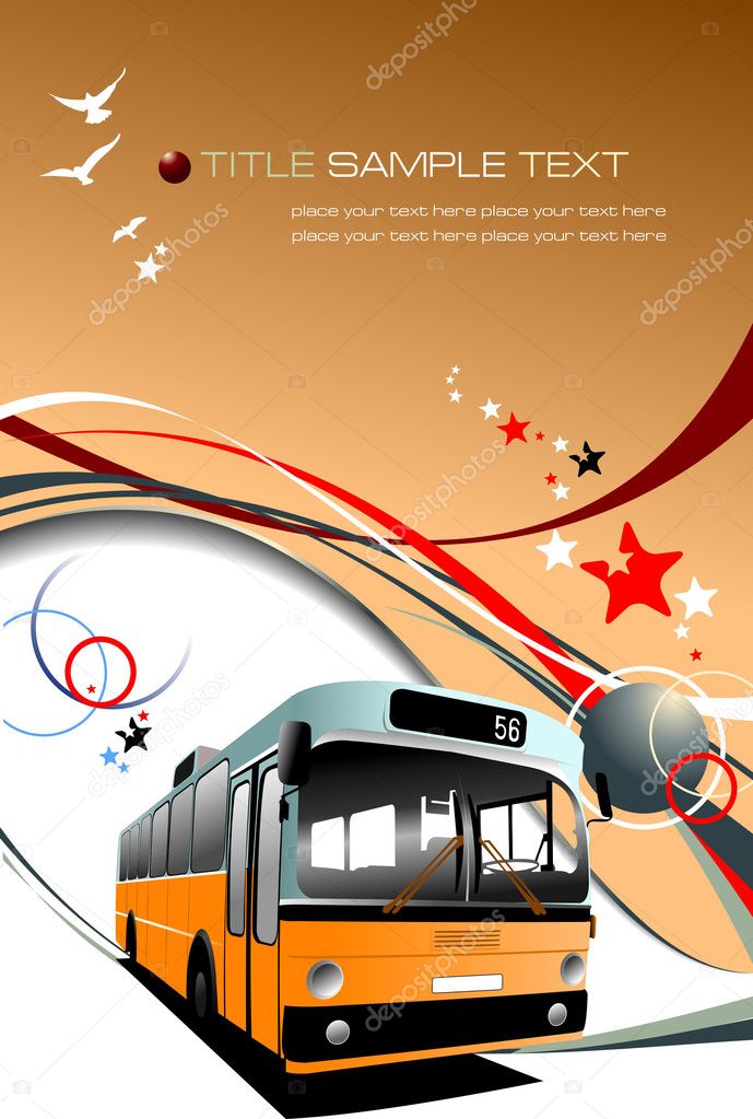 Cover for brochure with Old fashioned city bus. Tourist coach. Vector illustration
