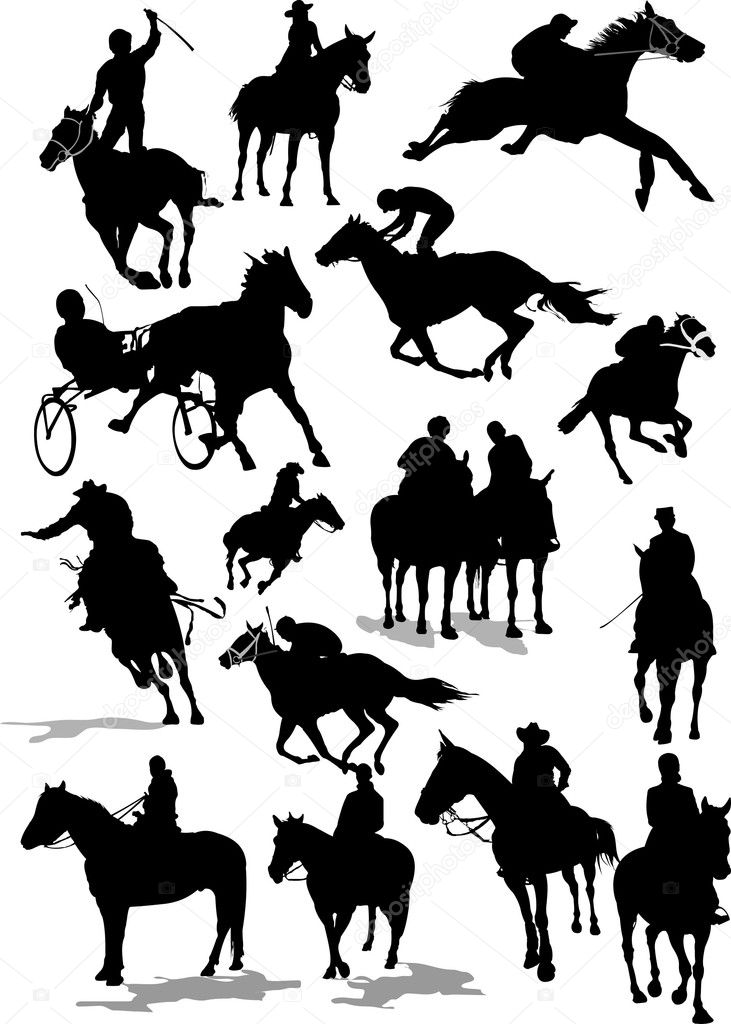 Sixteen Horse racing silhouettes. Colored Vector illustration f