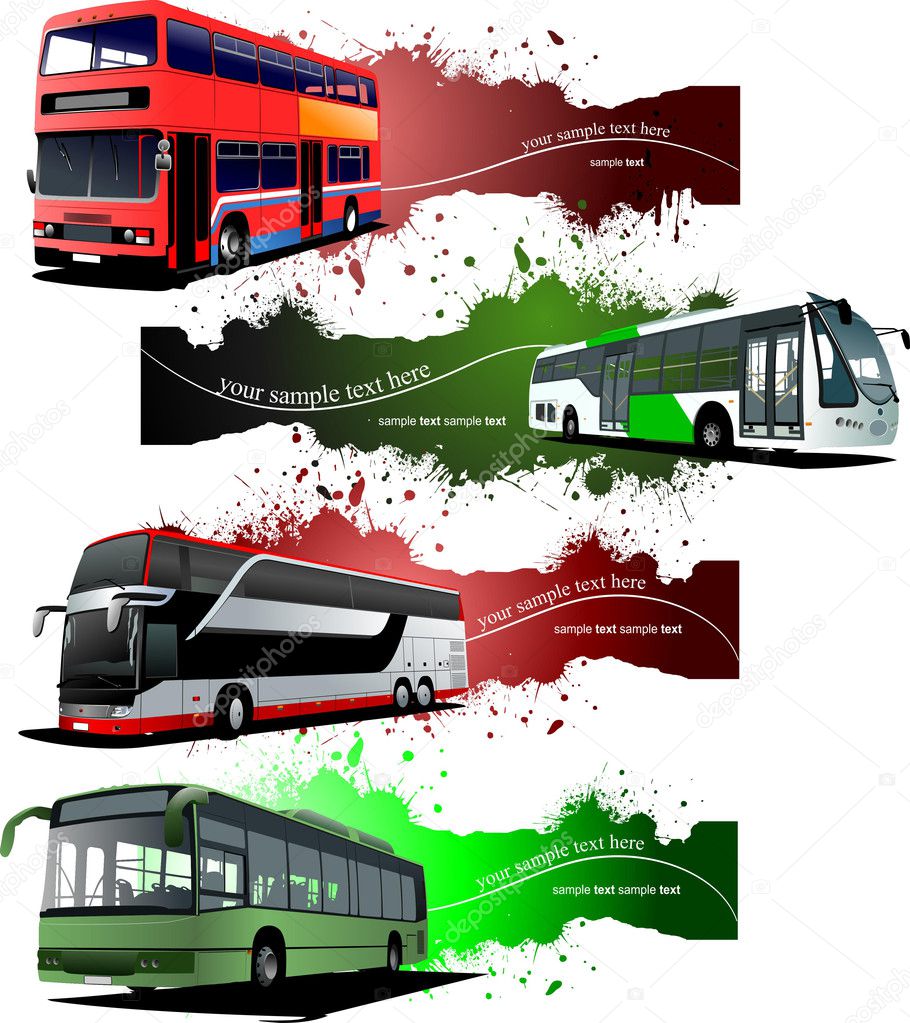 Four grunge Banners with city buses. Vector illustration