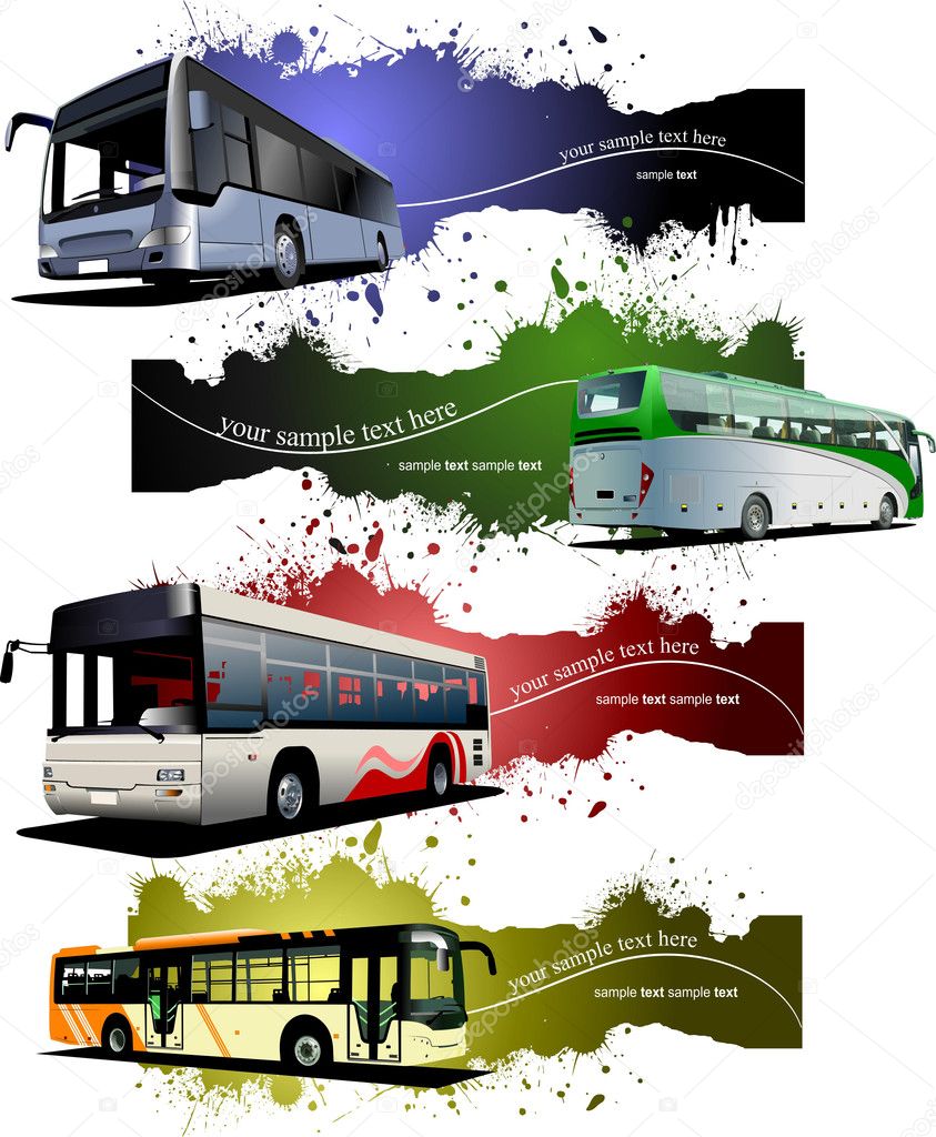 Four grunge Banners with city buses. Vector illustration