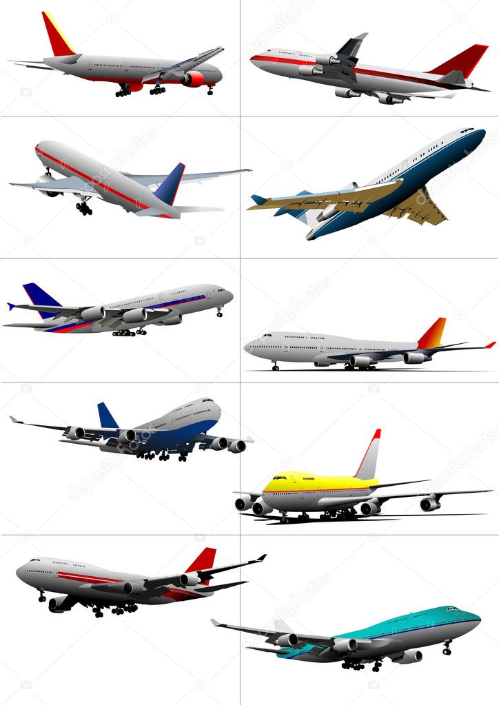 Ten passenger airplanes. Vector illustration