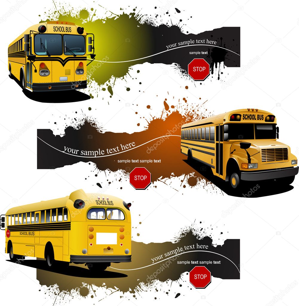 Three grunge banners with Yellow school buses. Vector illustration