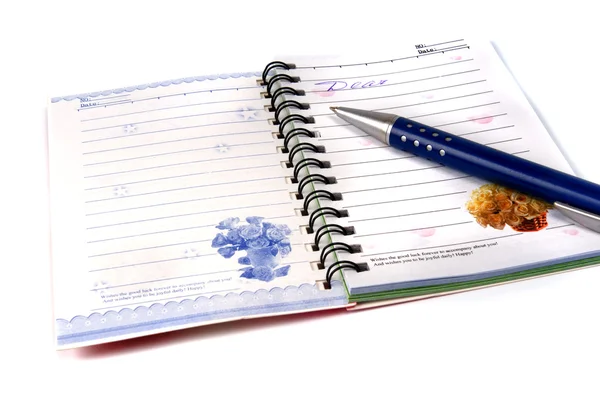 白い背景の上のノートブックと青のペン — ストック写真