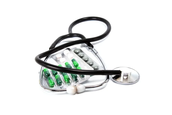Stethoscope Pill White Background — Stock Photo, Image
