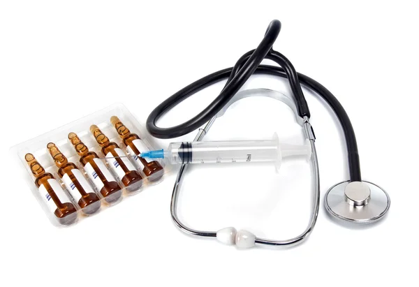 Stethoscope Syringe White Background — Stock Photo, Image
