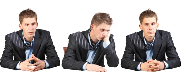 Giovane imprenditore in giacca e cravatta, seduto in posizioni diverse — Foto Stock