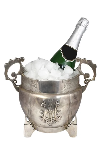 Silberner Eimer Eis Und Eine Flasche Champagner Auf Weißem Hintergrund — Stockfoto