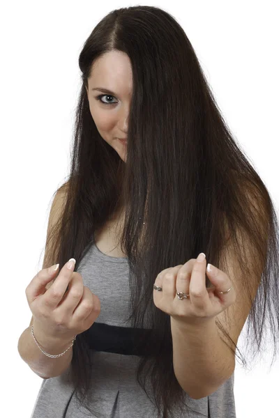 Dziewczyna brunetka z włosami — Zdjęcie stockowe
