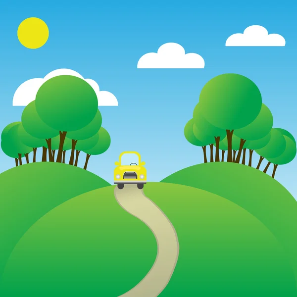The car goes on the way to a background of the blue sky — Stock Vector